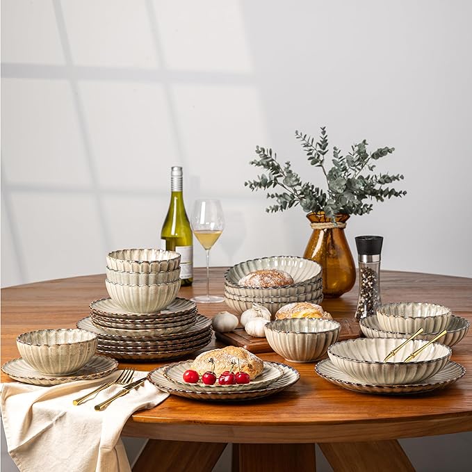 GBHOME Stoneware Dinnerware Sets for 4,Handcrafted Embossed Design Reactive Glaze Ceramic Plates and Bowls, Dishwasher and Microwave Safe, Service for 4(12pcs),Green Wheat