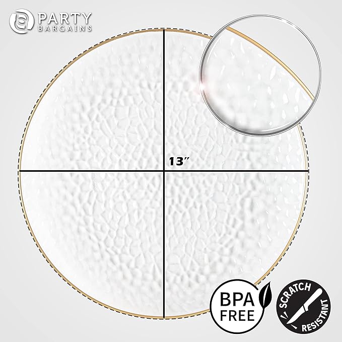 PARTY BARGAINS 13-Inch Charger Plates - 48 Pack, Hammered Clear Gold Rim, Heavy-Duty Disposable Chargers for Elegant Dining - Ideal for Weddings and Formal Events
