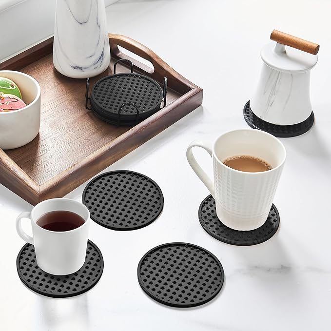 Coasters for Drinks, Silicone Coasters Set of 6 with Metal Holder, Outdoor Coaster for Coffee Table, Non-Slip Rubber Table Cup Mat Desk, Heat Resistant & Scratch-Proof (Black)