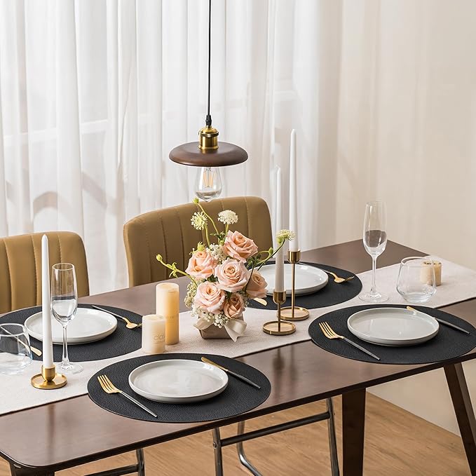 Jovono 15" Faux Leather Big Round Placemats Set of 4 - Washable Heat Resistant Non-Slip Dining Table Mats with Fabric Texture for Kitchen Home Party Decor, Black