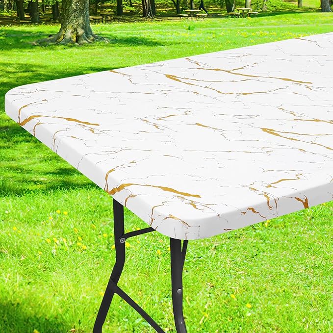 Smiry Rectangle Table Cloth Cover, Waterproof Elastic Fitted Picnic Tablecloth for 6 Foot Tables, Wipeable Flannel Backed Vinyl Tablecloths for Camping, Dining, Outdoor (White, 30" x 72")