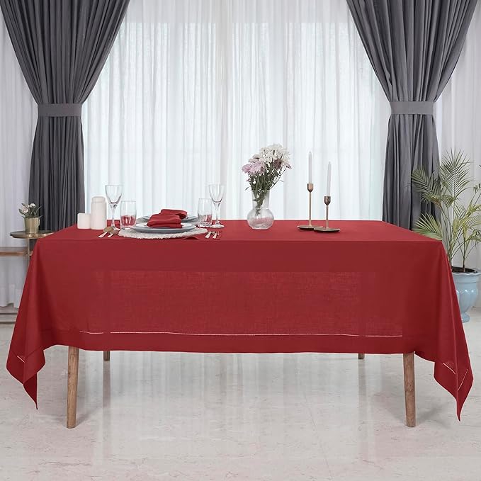 D'Moksha Homes Red Linen Tablecloth 60 x 108 Inch - 100% Pure Linen Red Table Cloth for Rectangle Tables - Classic Hemstitch, Machine Washable Tablecloth for Valentines, Spring