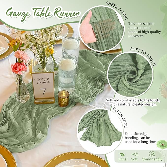 Showgeous 18 Pack Sage Green Cheesecloth Table Runner, 17 x 108 Inches | Boho - Image 3