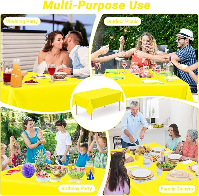 QZYL 2 Pack Plastic Table Cloths, 108 x 54 Inches Yellow Tablecloth, Decorative Yellow Rectangle Tablecloth Disposable Tablecover, Party Decorations Table Decor for Birthday Wedding Picnic