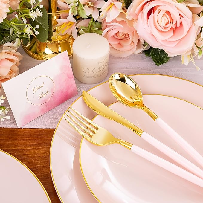 Liacere 150PCS Plastic Plates-Gold Plastic Silverware with Pink Handle - Pink Disposable Plates Include 30 Guests Plates, Forks, Spoons, Knives for Wedding＆Easter Day＆Galentines day＆Valentine's Day
