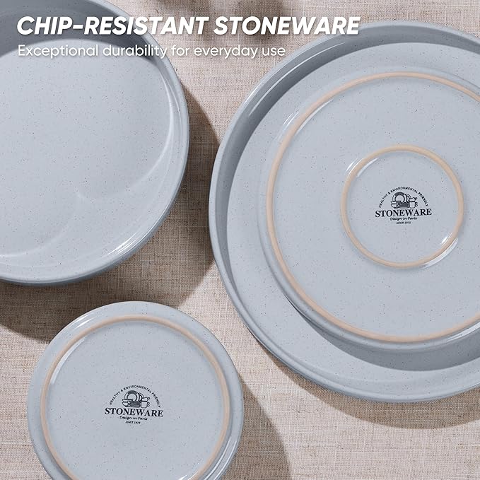 E-far 16-Piece Plates and Bowls Sets - Stoneware Dinnerware Sets with Pasta Bowls for 4 | Microwave & Dishwasher Safe Kitchen Modern Dish Set, Speckled Gray