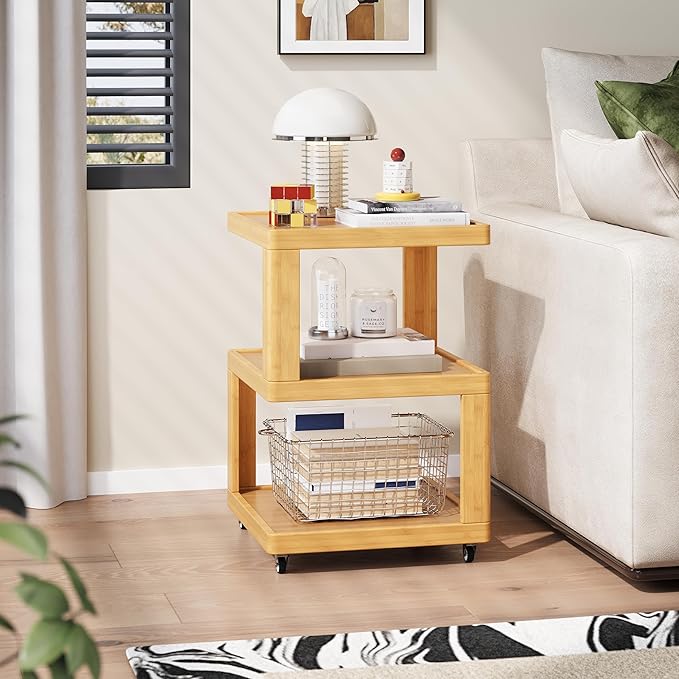 ZIYOO 3-Tier Solid Wood Mobile Side Table with Wheels, Wooden Night Stand, Unique Floating Design Storage Organizer for Bedroom, Living Room, Small Spaces, Natural Bamboo