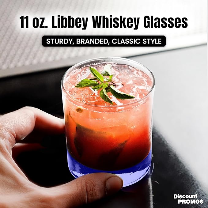 Whiskey Glasses by Libbey 10 oz. Set of 10, Bulk Pack - Heavy Base Old Fashioned Glass, Perfect for Scotch, Bourbon, Whiskey, Cocktail - Blue