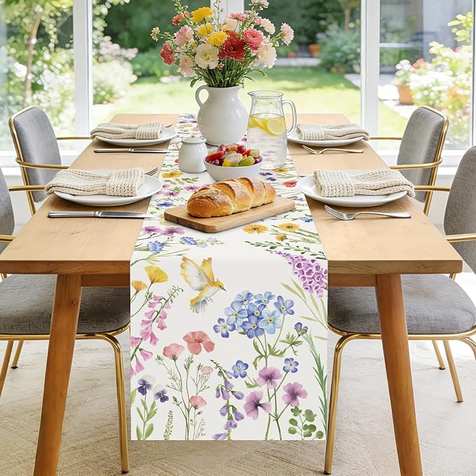 Bonhause Spring Floral Table Runner 13x90 Inch Garden Flowers Birds Leaves - Image 2
