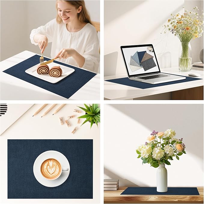 DOLOPL Placemats Set of 6, Reversible Wipeable & Heat Resistant Place Mats, Modern Faux Leather Table Mats for Kitchen, Neutral Washable Tablemats for Dining Table Decor, Wedding, Party(Navy Blue)