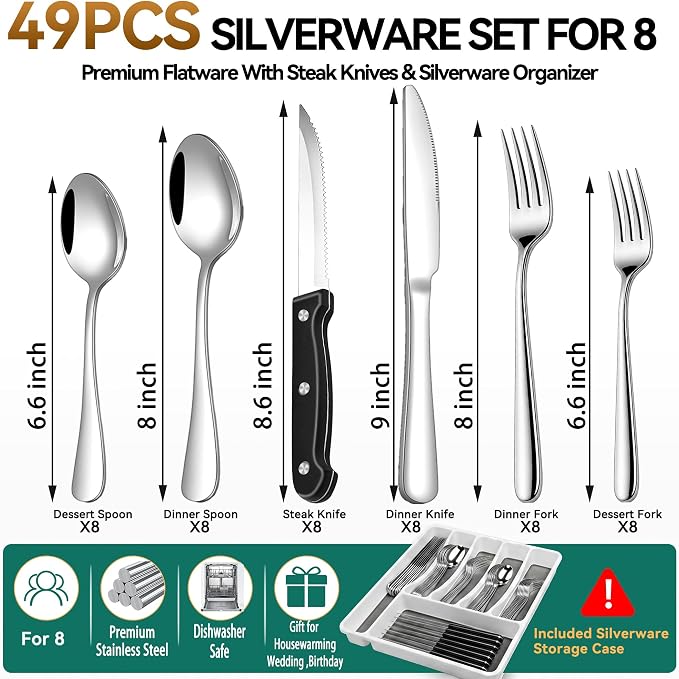 49-Piece Silverware Set with Organizer, Stainless Steel Flatware Utensils Set - Image 2