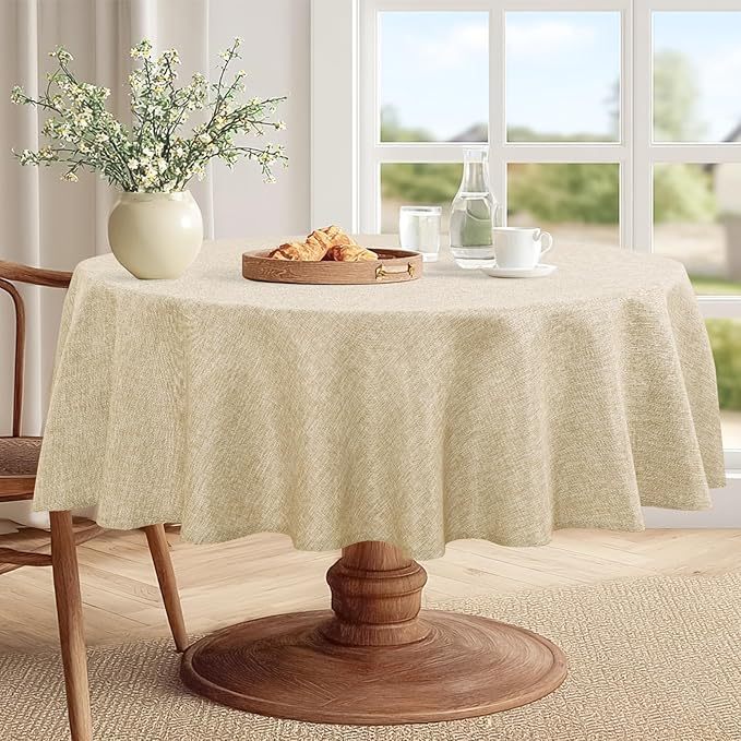 JIUZHEN Round Table Cloth Faux Linen Farmhouse Tablecloth Wrinkle and Stain Resistant Decorative Fabric Table Cover for Kitchen, Dining Room, Parties and Camping, Beige, 80 Inch Round