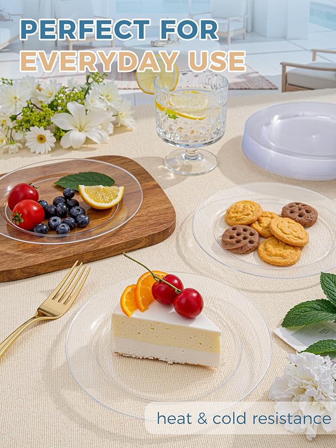 WDF 200PCS Clear Plastic Plates for Party - Heavy Duty Clear Disposable Plates - 100 x 10 Dinner Plate and 100 x 7 Dessert/Cake Plastic Plate for Weddings/Traval/Party/BBQ/Events