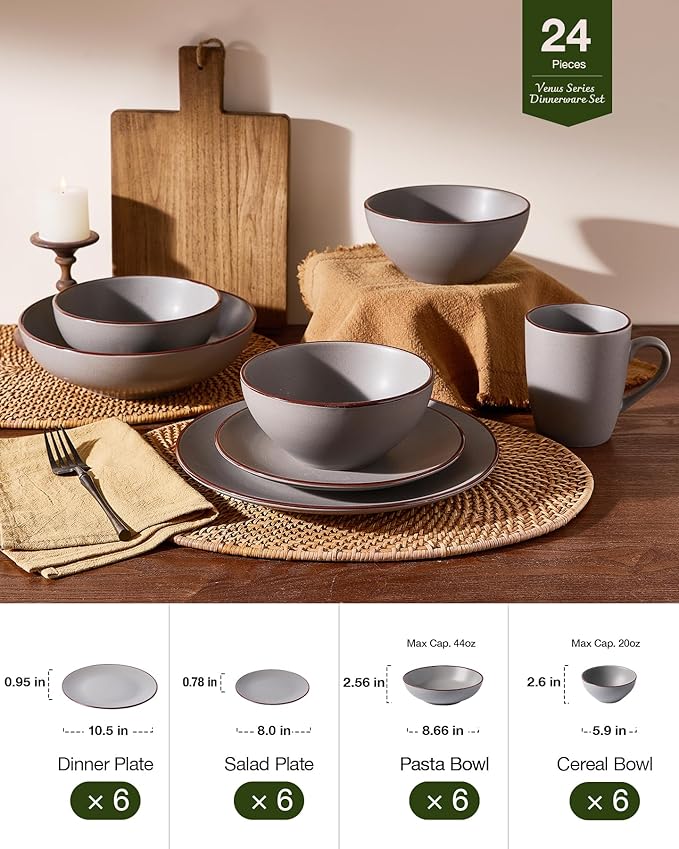 Famiware Venus Speckled Dinnerware Set with Pasta Bowls, Service for 6 (24 Pieces), Stoneware Plates and Double Bowls Sets, Microwave & Dishwasher-Safe Dishes with Trim, Matte Dark Grey