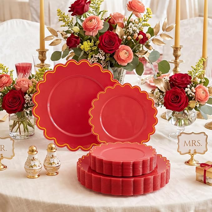 LIYH 100 Red Scalloped Plastic Disposable Plates - Image 4