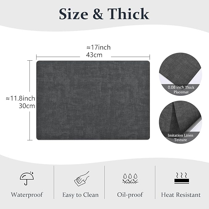 FROMHEART Faux Leather Placemats Set of 8–Waterproof,Heat/Oil Stain-Resistant PU Table Mat–Reversible,Non-Slip,Easy to Clean Place Mats for Kitchen,Dining,Indoor/Outdoor,(Dark Grey,11.8" x 17")