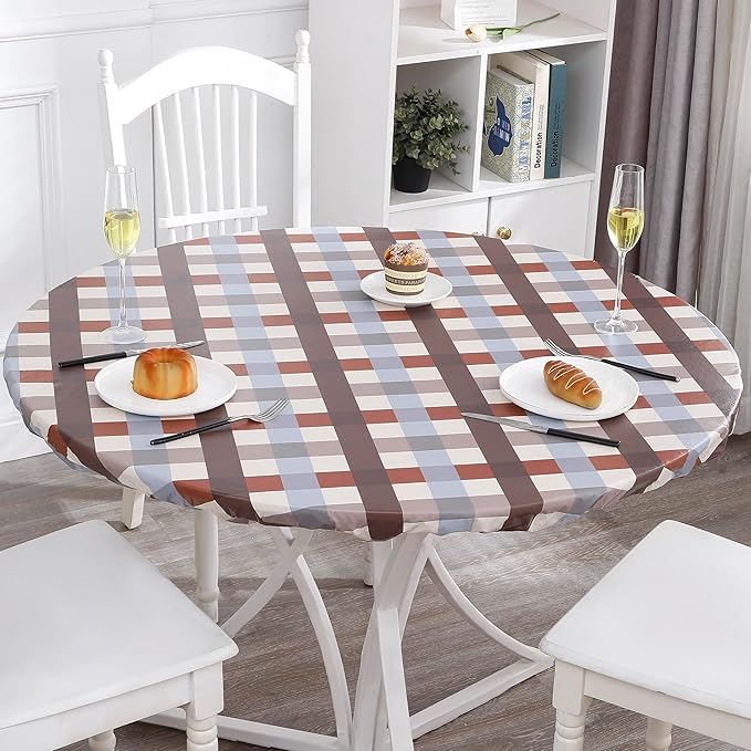 Walrus Round Vinyl Fitted Tablecloth with Flannel Backing Elastic Edge Design Table Cover Waterproof Oil-Proof PVC Table Cloth Stain-Resistant Best for 57"-66" Round