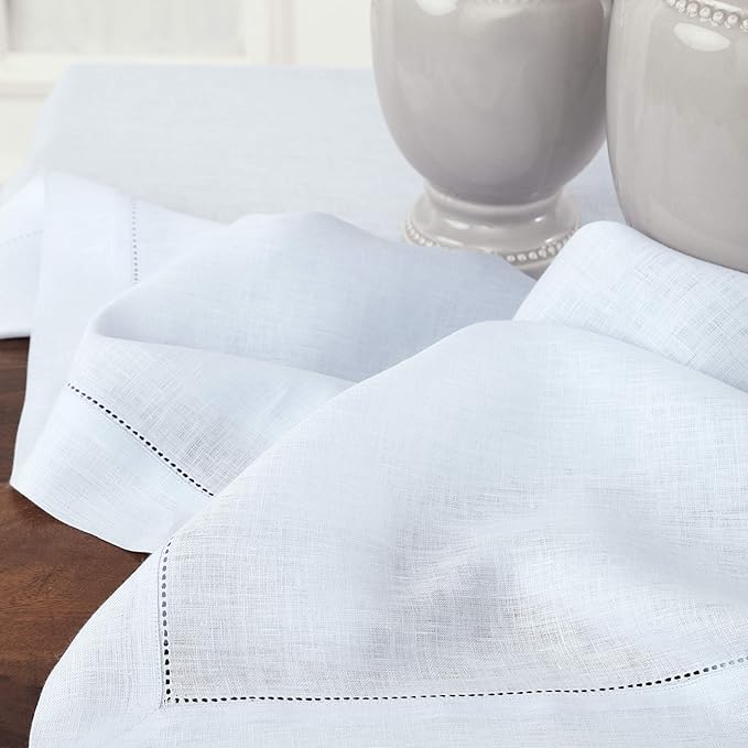 Solino Home Light Blue Linen Tablecloth 60 x 90 Inch - 100% Pure Linen Hemstitch Table Cloth for Rectangle Tables - Classic Hemstitch, Machine Washable Tablecloth for Spring, Easter