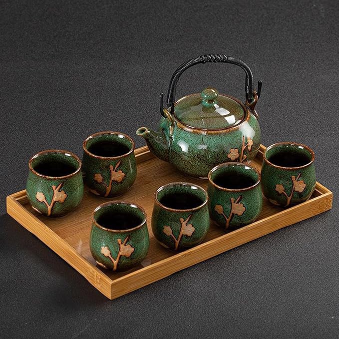 KEYDUACU Japanese Tea Set, Kiln-Formed Ceramic Tea Set, Plum Blossom Embossed - Image 2