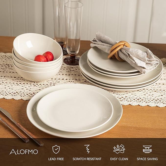 Ceramic Dinnerware Sets for 4,12 Pieces Plates and Bowls Sets, Plates Pasta Bowls Soup Bowls, Modern Stoneware Dishes, Reaction Glaze (White)