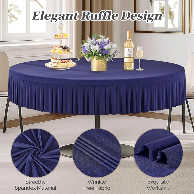 Wish Care 8 Pack Navy Blue Spandex Round Tablecloths, 72in Diameter, Wrinkle Free with Skirt for Wedding, Birthday, Banquet