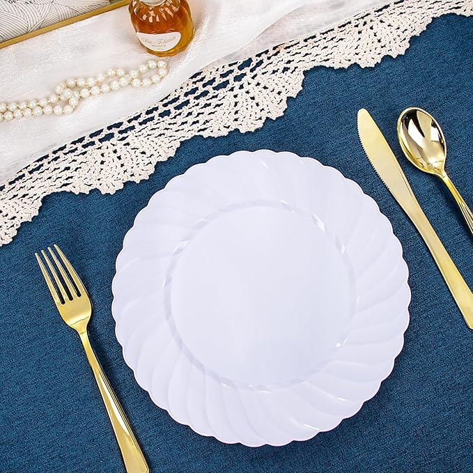 U-QE 60 Pieces White Plastic Plates - 9 Inch White Disposable Plates - Washable & Reusable - Premium Hard Plates - Party Supplies for Birthdays, Celebrations, Travel, Wedding, Party and Events