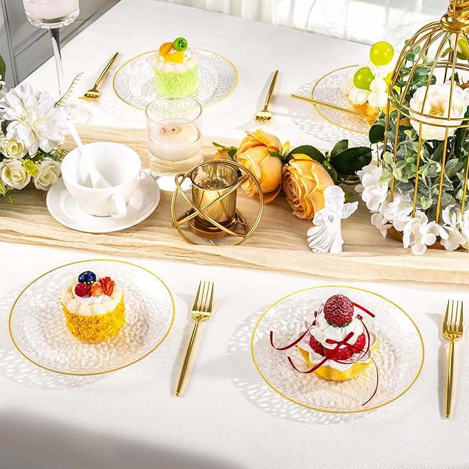 DaYammi 240Pcs Gold Plastic Plates Including 120Pcs Dessert Plates and 120Pcs Cake Forks,Hammered Party Plate,Clear Gold Appetizer plates Heavy duty Disposable Plastic Plate for Party Wedding Birthday