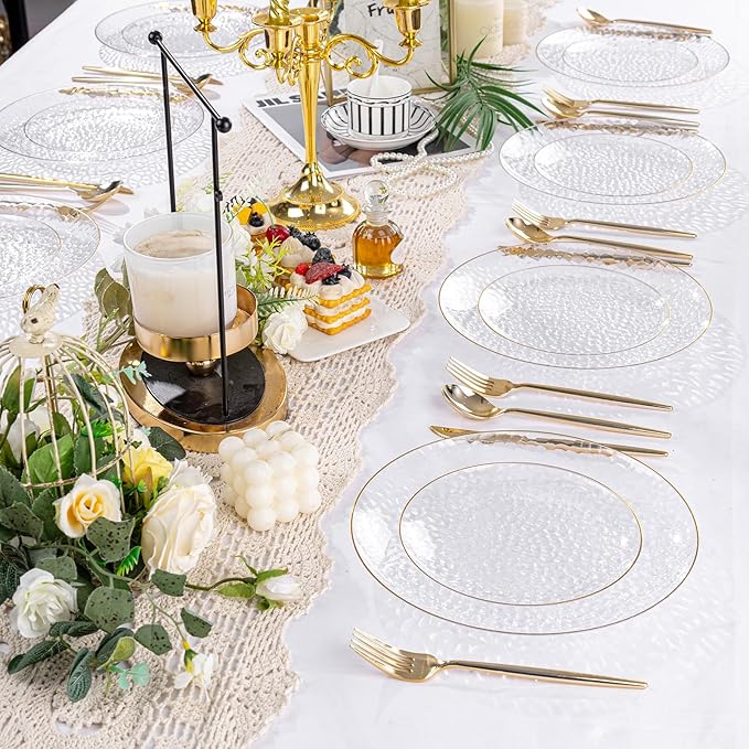 Rubtlamp 60Pcs Clear Plastic Plates,Clear Disposable Plates With Gold Rim,Heavy-duty Gold Plates,Hammered Party Plates Include 30Clear Dessert-Platos,30Dinner-Platos for Wedding, Party