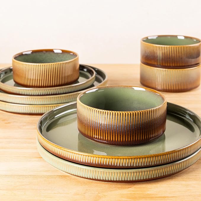 Ceramic Dinnerware Set for 4, 12-Piece Plates and Bowls Set | Lightweight - Image 4