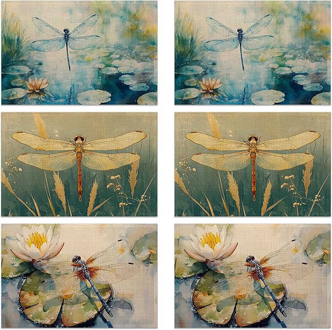 Table Placemats Set of 6, Waterproof Linen Fabric, Non-Slip Backing & Easy Clean, Elegant Dining Table Protectors for Family and Guests(Watercolor Dragonfly)