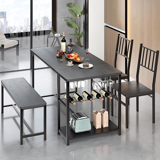 4 EVER WINNER Dining Table Set for 4, 55" Small Kitchen Table with Wine Rack & Wine Glasses Holder, Dining Room Table Set with 2 Chairs and Bench for Small Space, Black