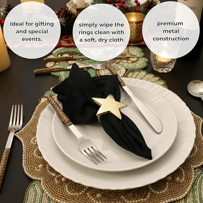 CLEENTABLE 12 Pcs Decorative Metal Napkin Rings Star Napkin Holders for Elegant Table Decor, Parties, Weddings, Holidays, Everyday Dining - Metallic Adornment for Table Settings (Gold)