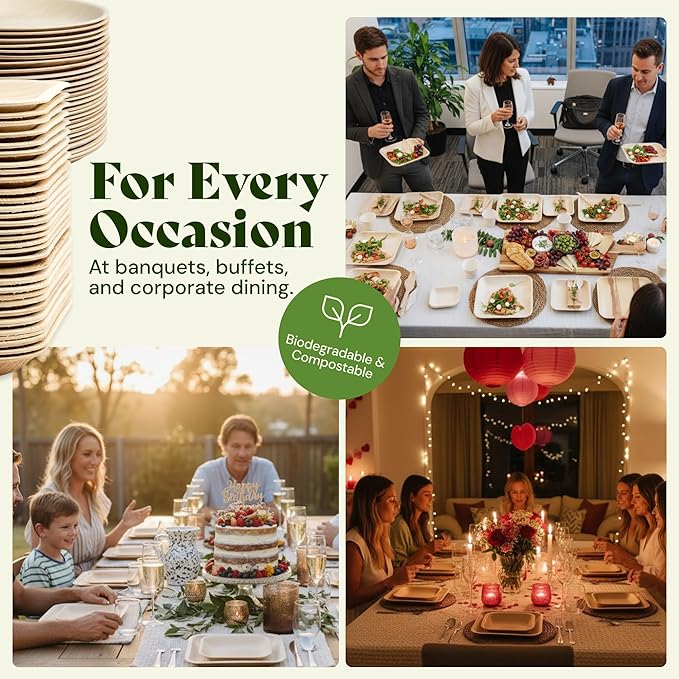 Chic Leaf Round Palm Leaf Plates - 10-Inch & 7-Inch, Pack of 48 - Compostable Disposable Bamboo Plates for Parties, Winter Cozy Dinner, Wedding & Valentine's day Romantic Candlelit Home Dining