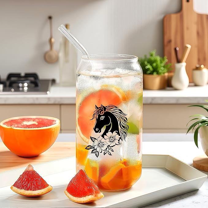 Cute Horse Glass Cup With Lids And Straws, Horse Gift For Women, Iced, Coffee, Smoothie, Cocktail, Beer, Whiskey, Soda, Matcha,16 Oz, Home Office Table Desk Decoration!