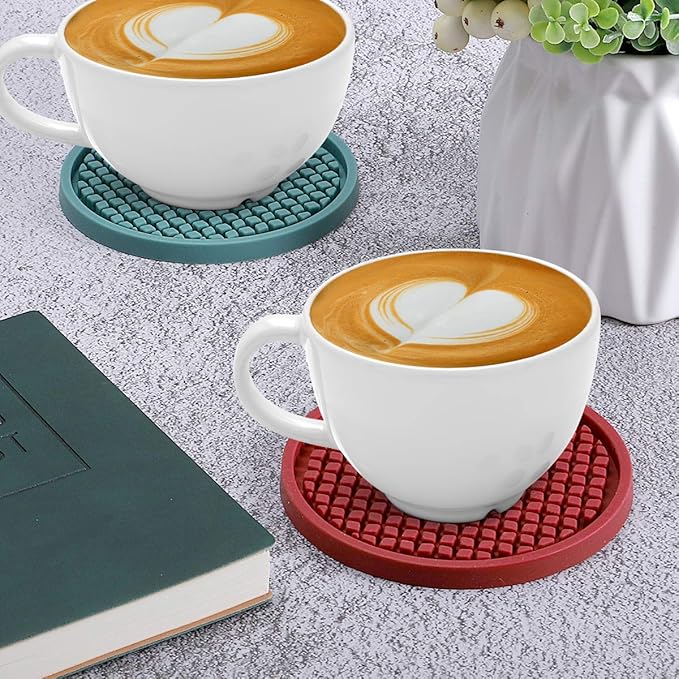 ME.FAN Silicone Coasters [6 Pack] Thickened Drink Coasters with Holder - Cup Mat - Non-Slip, Non-stick, Stay Put, Deep Tray - Prevents Furniture and Tabletop Damages(Teal Blue)