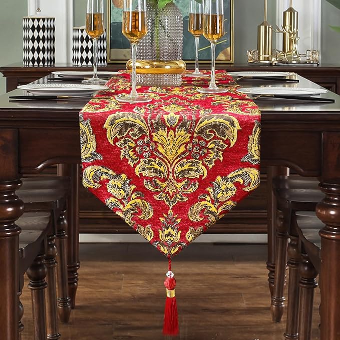 Luxury Table Runner Red 84" Vintage Embroidered Jacquard Chenille Cloths | - Image 7
