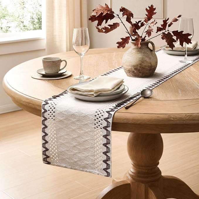 Macrame Side Trim Boho Woven Table Runner, Chocolate 12x60 Inch | Crochet - Image 5