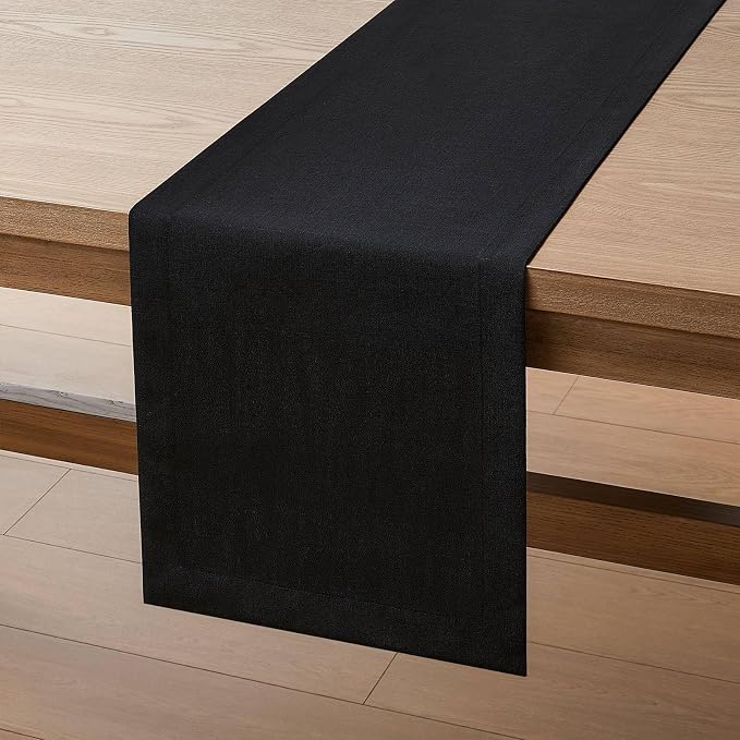 Linen Textured Border Table Runner, 14 x 90 Inch Black | Mitered Corner Design - Image 7
