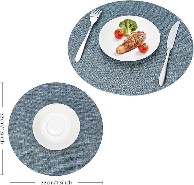 Round Wipeable Placemats Set of 4 – Faux Leather Round Table Mats, Waterproof & Washable Vinyl Placemats, Circle Design for Dining Table Decor– Charcoal Blue