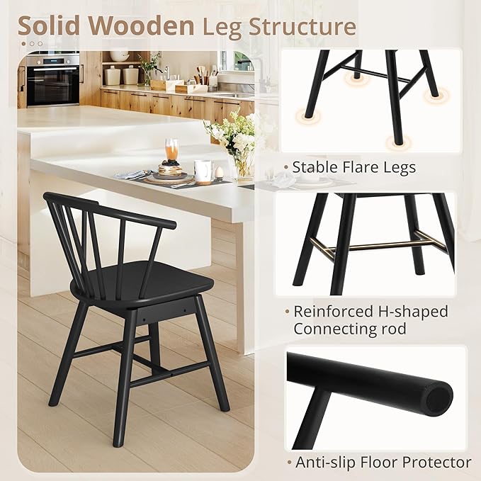 LUE BONA Black Dining Chairs Set of 4, Swivel Windsor Wood Dining Chairs with Semicircular Backrest, Spindle Dining Chair for Kitchen and Dining Room, 18 Inch