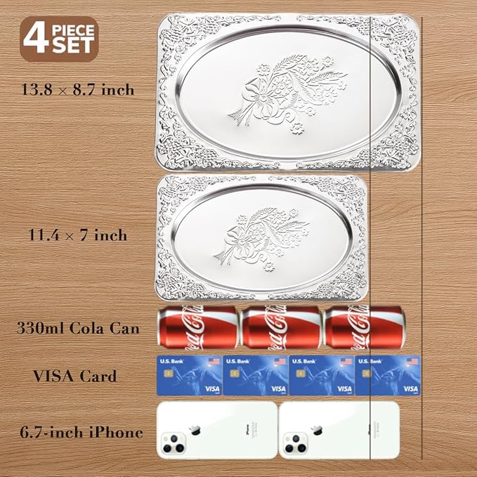 4-Pack Small Silver Serving Trays Set - ZENOVLUX Oval Vintage Engraved Mirror Decorative Tray, 11.4" x 7" Party Platters for Valentine's Day, Food, Appetizer, Charcuterie, Cookies, Desserts