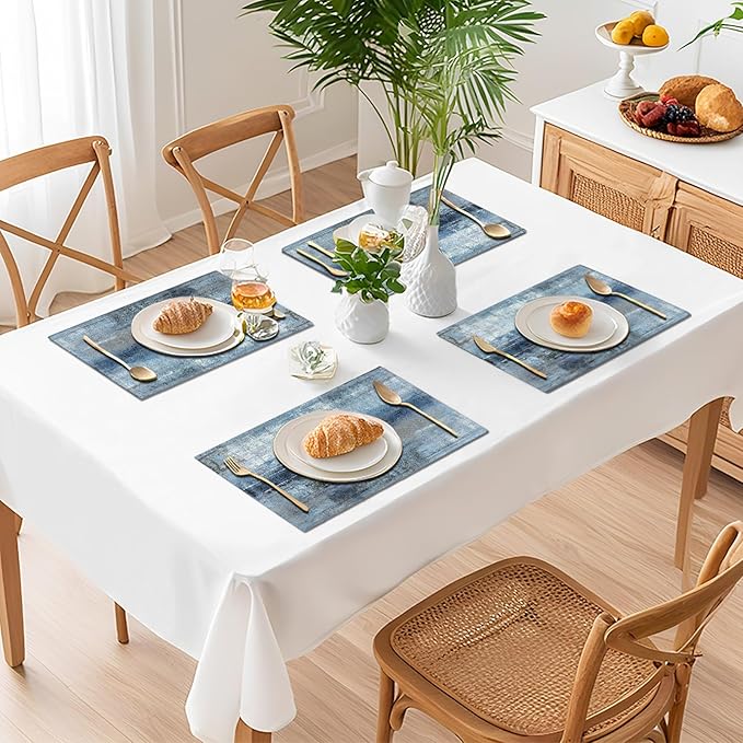 Blue Gray Placemats Set of 4 Abstract Art Place Mats Indoor Modern Linen Table Placemats Washable Wipeable Waterproof Heat Resistant Kitchen Place Mats for Dining Tables, 18 X 12 Inch