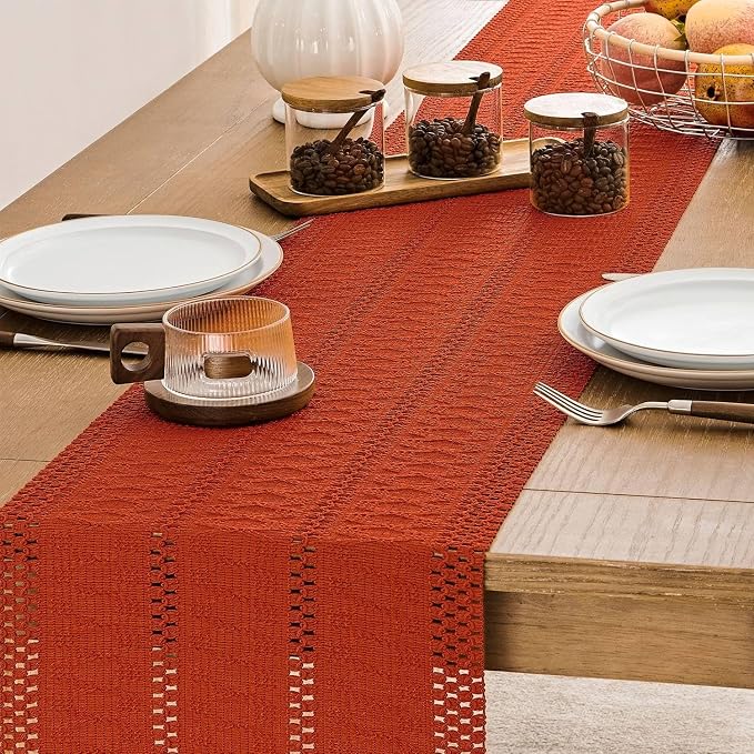 Macrame Style Boho Table Runner, 12x48 Inch Dark Orange | Woven Boho Table - Image 5
