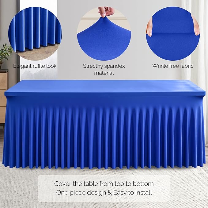 Wish Care 2 Pack Royal Blue Spandex Table Clothes for 6 Foot Rectangle Tables, 6FT Wrinkle Free Fitted Tablecloths Ruffles Design Table Cloth for Party, Banquet, Wedding and Events