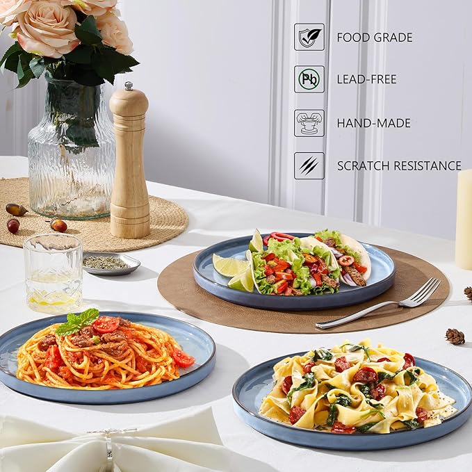 LIANYU 6PCS Ceramic Flat Dinner Plates Set, Porcelain Salad Appetizer Dishes with High Edge, 10.2” Dessert Plates Set, Microwave, Oven, dishwasher Safe, Chip & Scratch Resistant, Serenity Blue