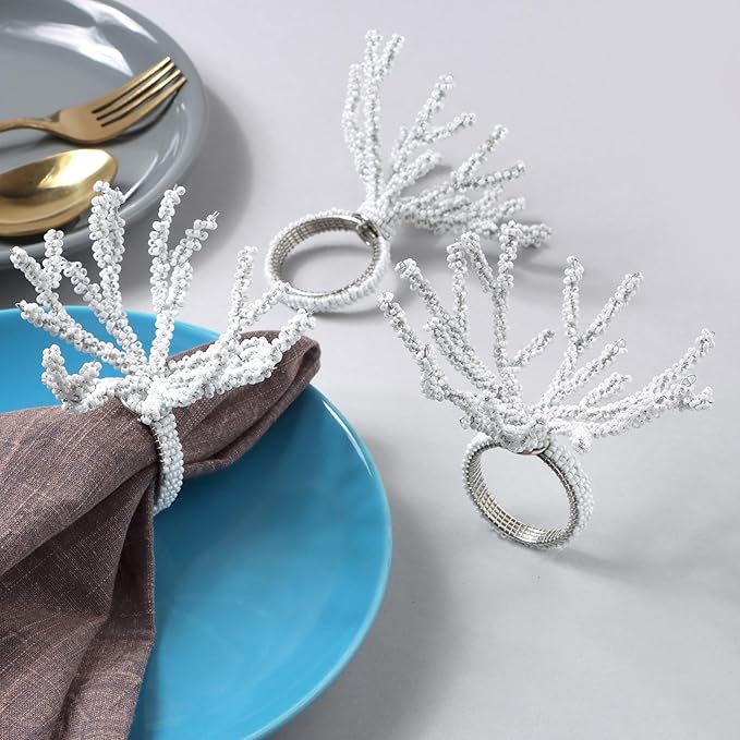 CLEENTABLE Beaded Napkin Rings Set for Dining Table - Elegant Pearl White Glass Beads with Silver Finish – Perfect for Weddings, Coastal Décor, Parties & Holiday Entertaining (White)