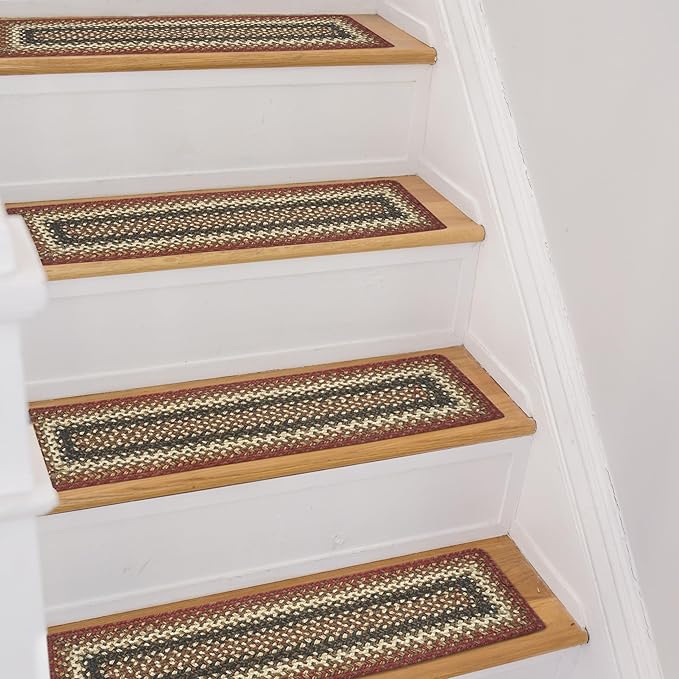 Homespice Chester Jute Braided Stair Treads for Wooden Steps, Country Cabin Decor, Set of 13, Red 8x28 Rectangle Rug for Stairs - Easy to Clean, Tightly Stitched and Durable