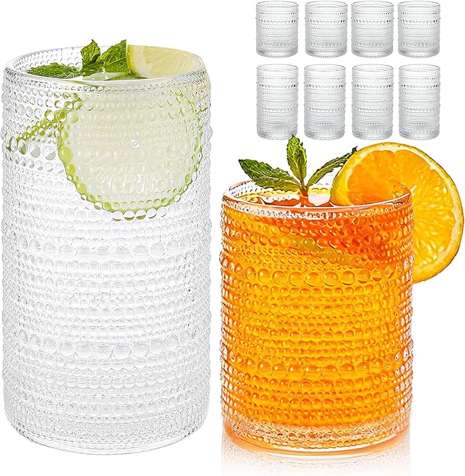 Vintage Hobnail Drinking Glasses Set of 8, Embossed Water Tumbler by Unknown