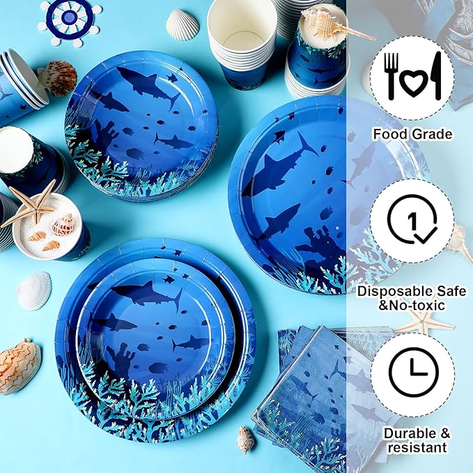 200 Pieces Party Supplies Tableware Set Patterns Printed Plates Napkins Cups Table Decorations for Baby Shower Birthday Party (Sea Style)