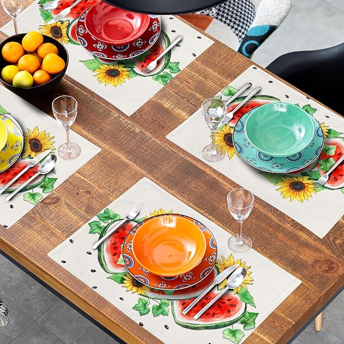 Summer Watermelon Placemat Set of 4，Sunflowers Table Mats Non Slip Heat-Resistant Washable Table Place Mats for Kitchen Dining Table Home Decoration 12 x 18 Inch